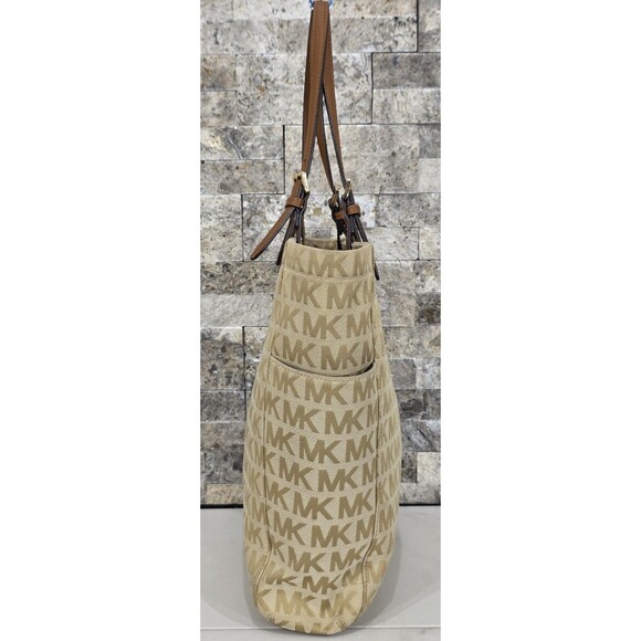 Michael Kors Jet Set Shopper Tote Large Beige Signature Logo Jacquard Travel Bag - Picture 7 of 16